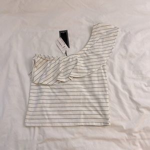 NWT Cotton On White Gray Stripes One Shoulder Nautical Tropical Ruffle Blouse
